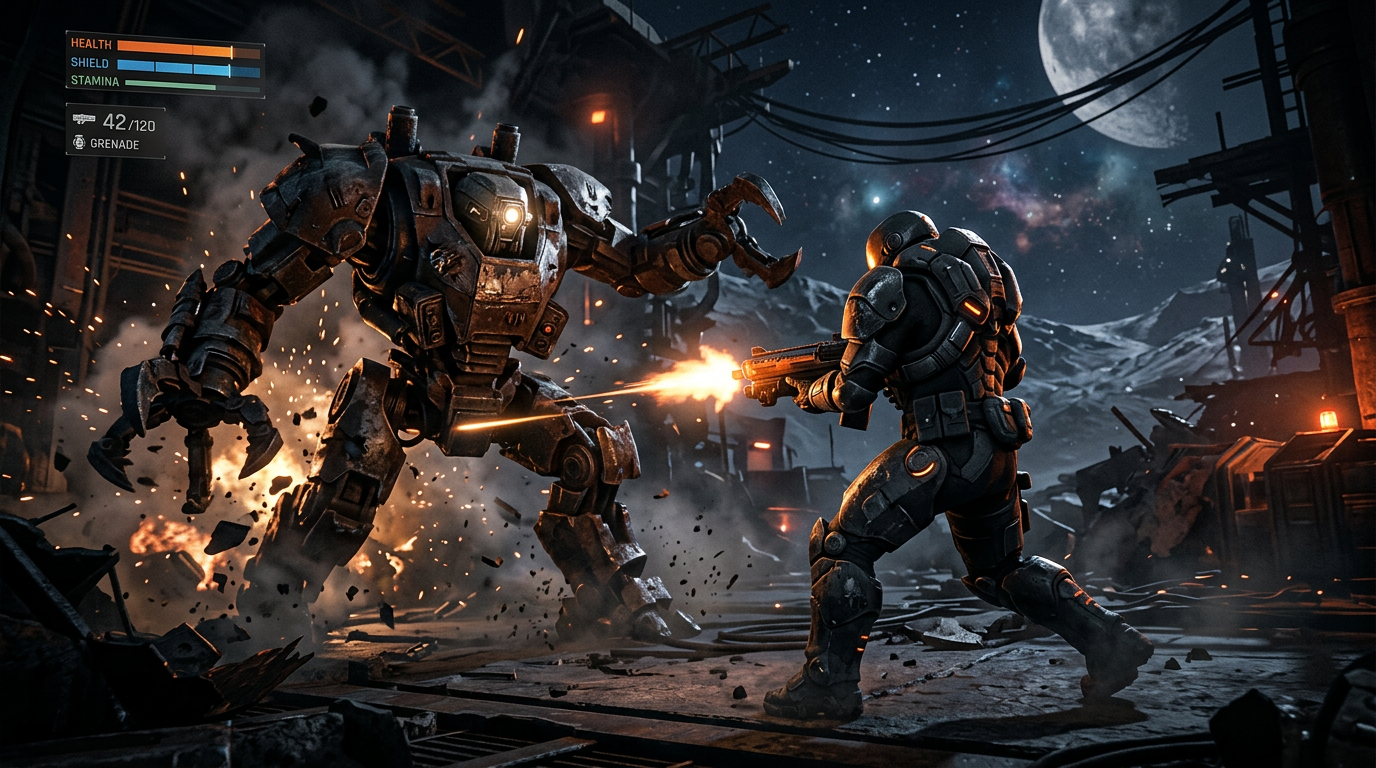 Sample screenshot of the game: an armored character fighting a mechanical enemy in a ruined facility